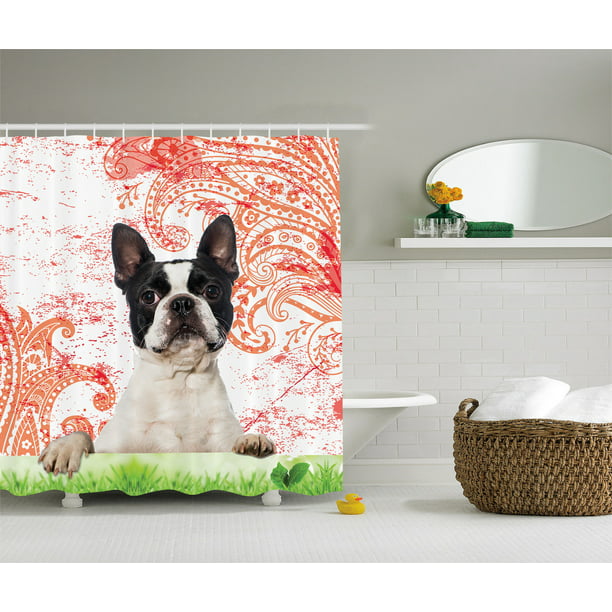 ROOMY Boston Terrier Dog Florals Shower Curtain Waterproof Bathroom Decor with Shower Hooks 